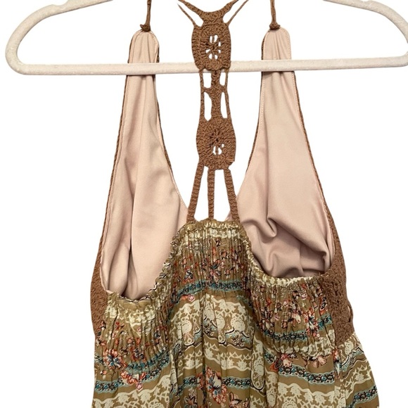 Bohemian Brown Maxi Dress-Crocheted Halter-Size Large-Front Drawstring - Picture 4 of 11
